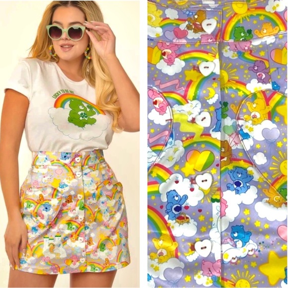 UNIQUE VINTAGE x Care Bears Rainbow Print Mini Skirt Heart Pockets White XS - Picture 14 of 14